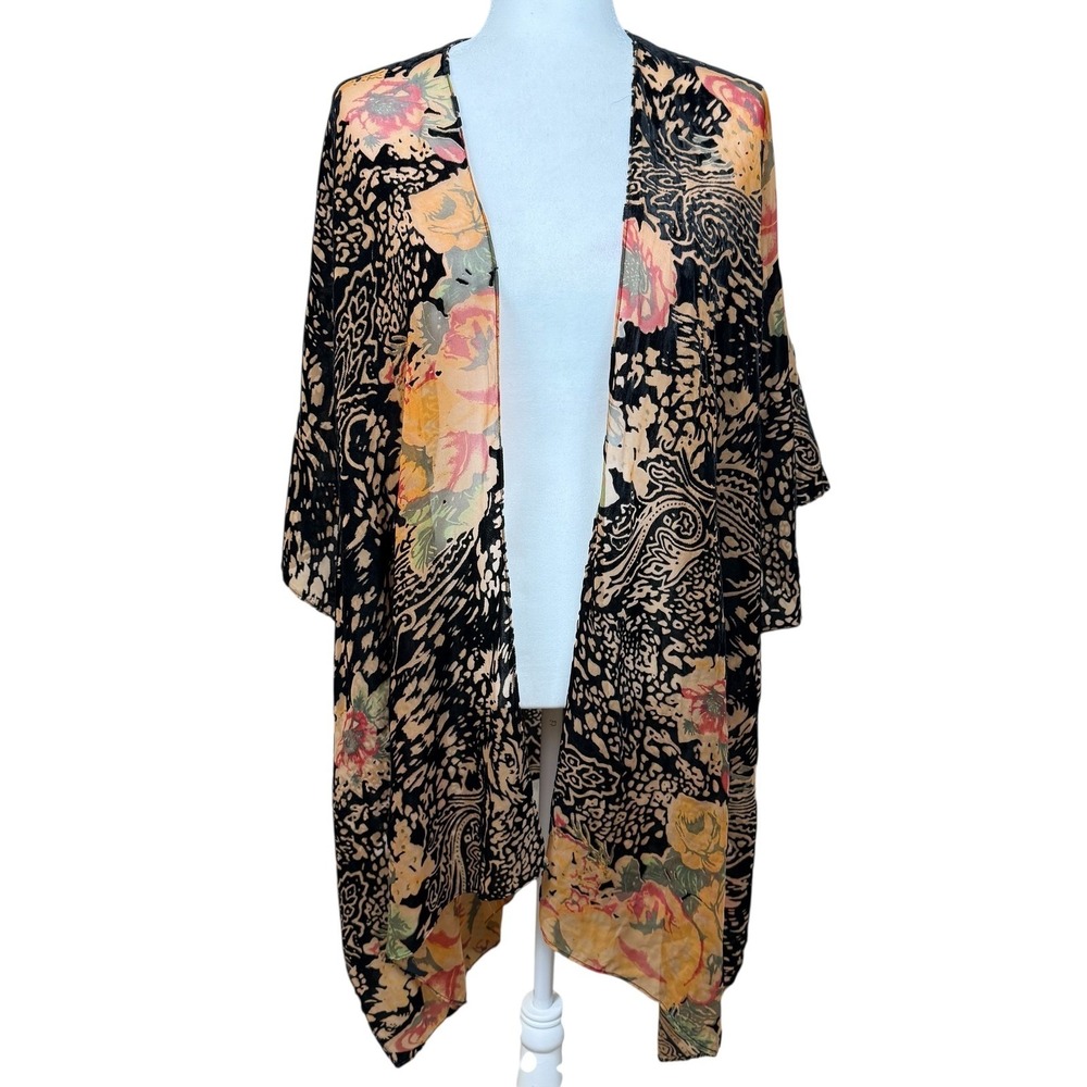 Mystree Floral Kimono One Size Black Paisley Burnout Sheer Boho Open Front